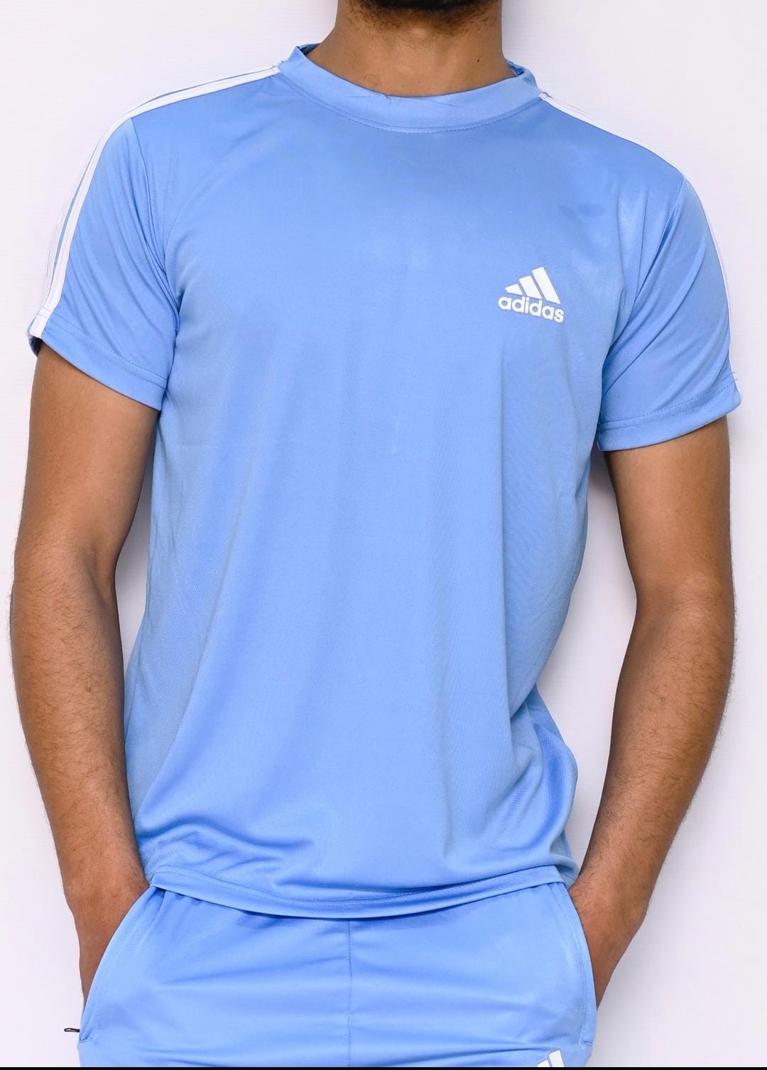 ADI Sky Blue with White Stripes Dri-Fit Tracksuit